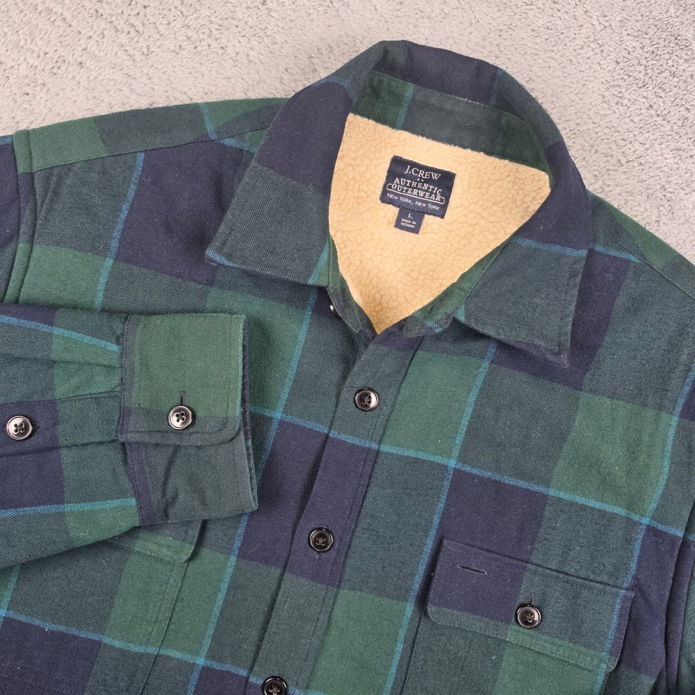 J Crew Shirt Sherpa Jacket Mens Large Green Blue Plaid Lined Flannel Shacket
